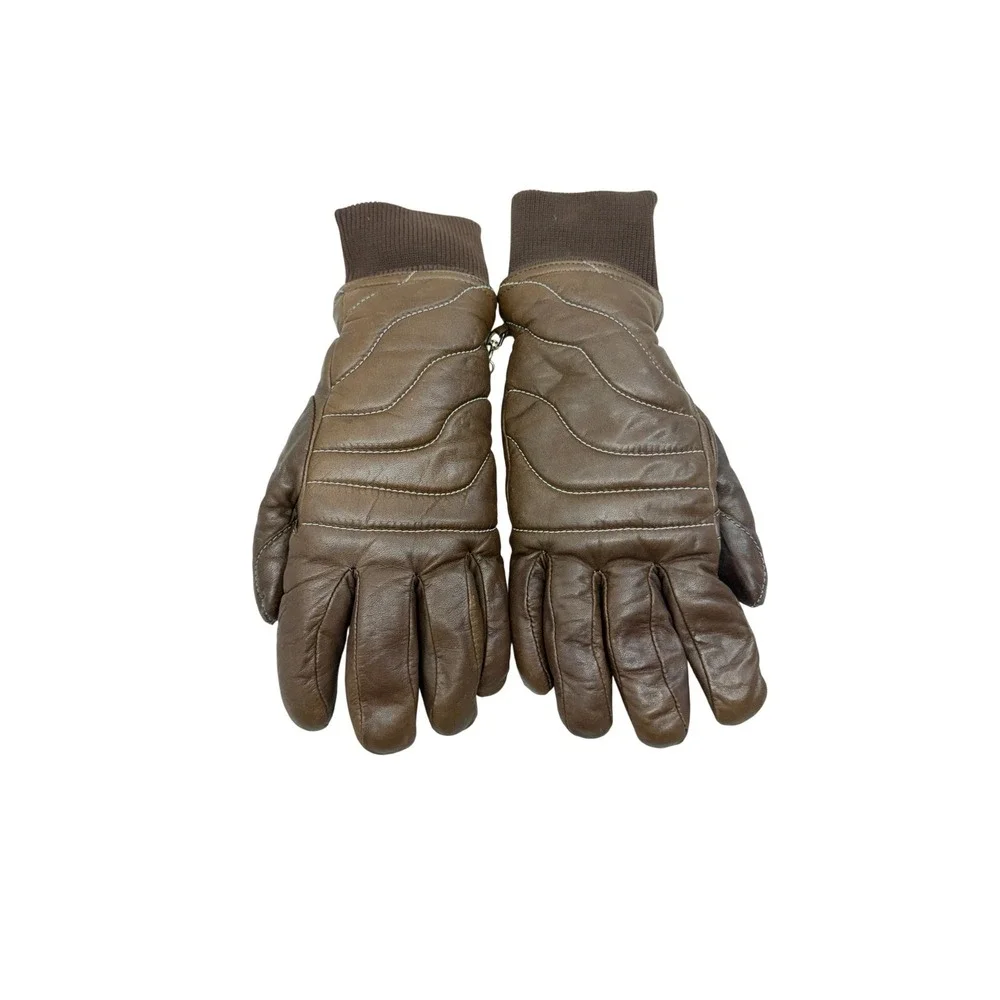 Grandoe Brown Genuine Leather Winter Puffer Gloves Fur Lined Knit Cuff S